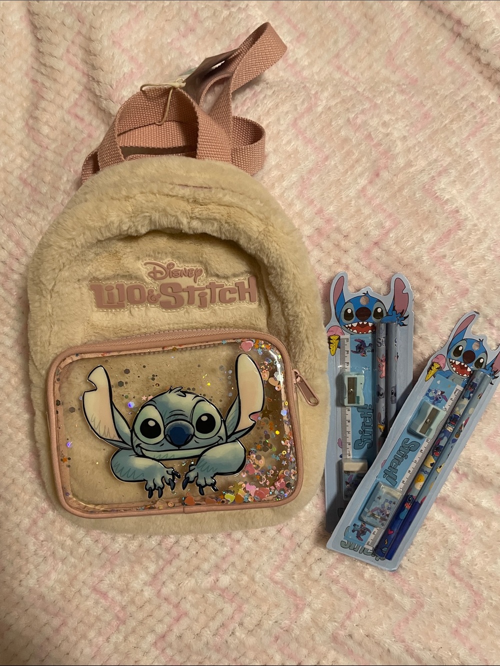 Disney Lilo & Stitch Plush Mini Backpack in Beige and Pink with Glitter Front